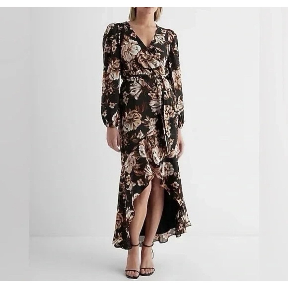 Express Burgundy Floral Surplice Ruffle Asymmetrical Hi-Lo Maxi Dress Sz XS New